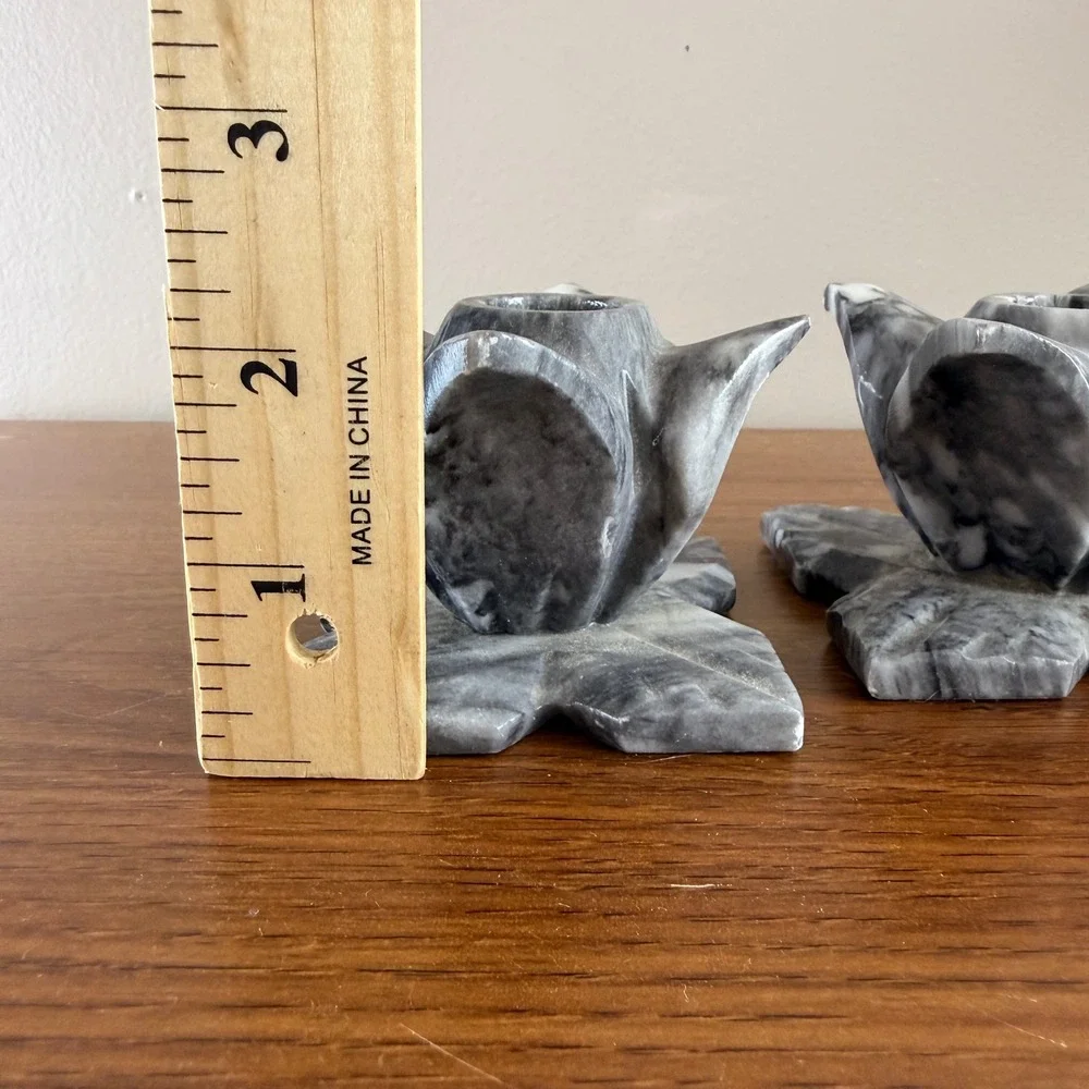 Pair Vintage Carved Marble Lotus Flower Candle Holders Gray Stone 3